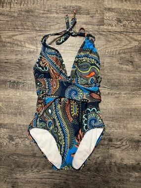 Women’s Paisley Halter One-Piece Swimsuit in Blue and Orange